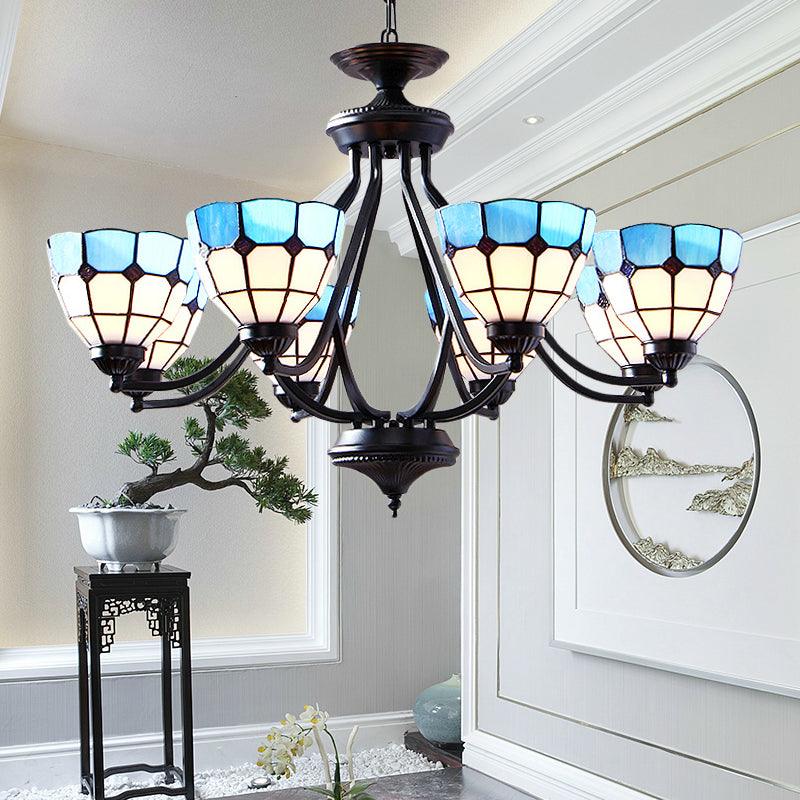 6/8 Lights Upward Chandelier Light with Bowl Shade Blue Tiffany Pendant - Rebooters
