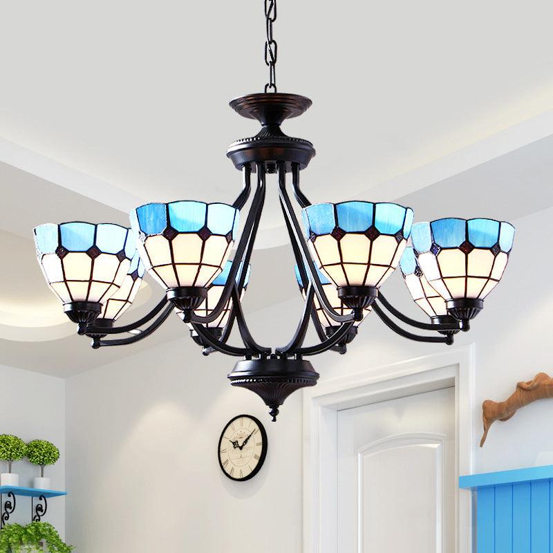 6/8 Lights Upward Chandelier Light with Bowl Shade Blue Tiffany Pendant - Rebooters