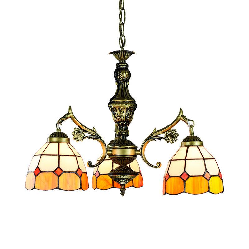 3/5/9/11 Lights Vintage Semi Globe Hanging Ceiling Light Stained Glass Indoor Lighting in Yellow for Library - Rebooters