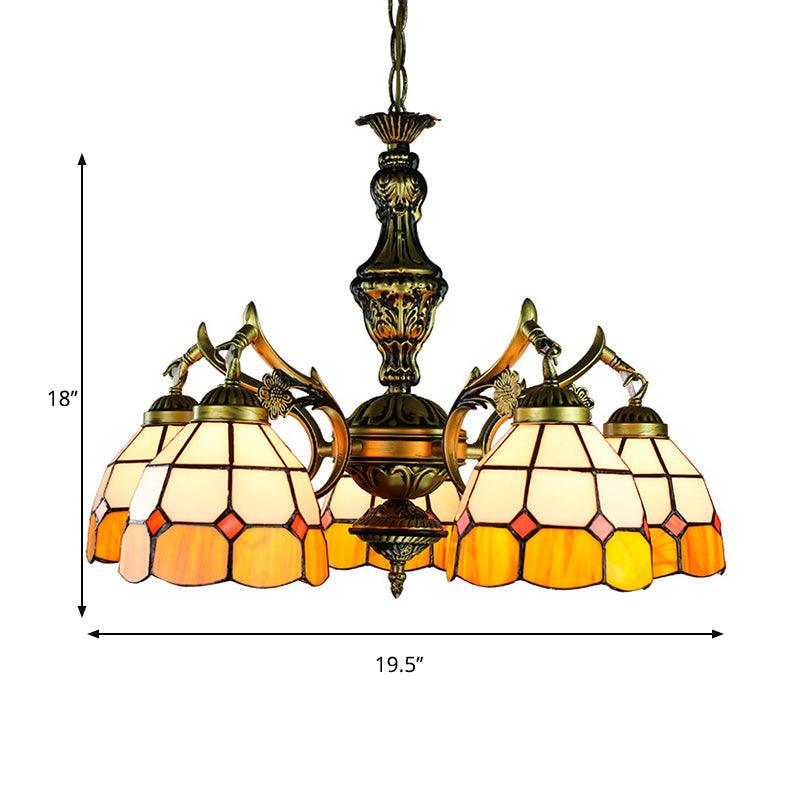 3/5/9/11 Lights Vintage Semi Globe Hanging Ceiling Light Stained Glass Indoor Lighting in Yellow for Library - Rebooters