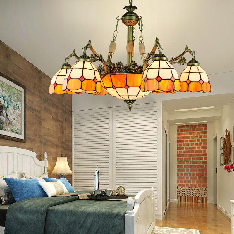 3/5/9/11 Lights Vintage Semi Globe Hanging Ceiling Light Stained Glass Indoor Lighting in Yellow for Library - Rebooters