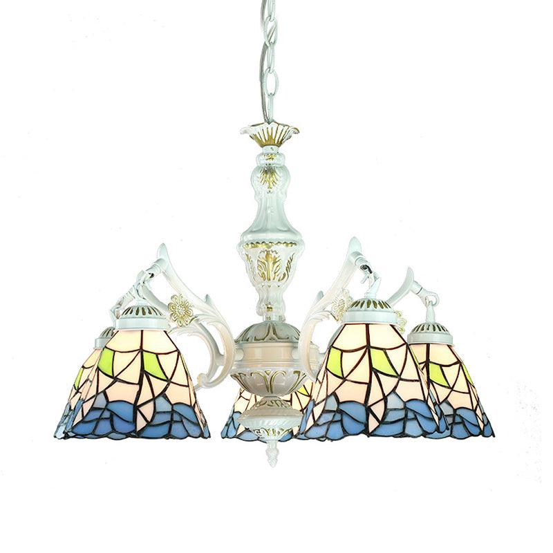 5 Lights Tiffany Flower Square Gem Diamond Chandelier Light Stained Glass Indoor Lighting for Foyer with Adjustable Chain in Blue - Rebooters