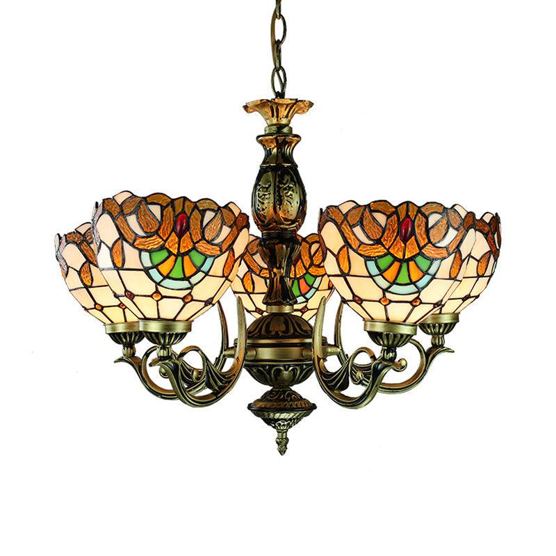 5 Lights Bowl Ceiling Pendant Victorian Height Adjustable Stained Glass Chandelier - Rebooters