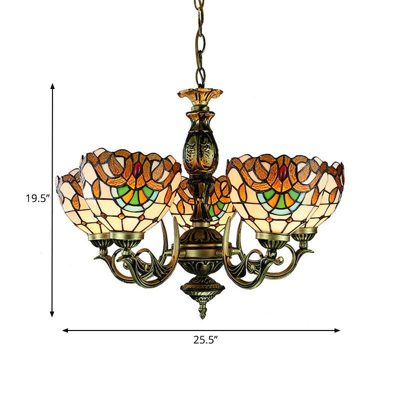 5 Lights Bowl Ceiling Pendant Victorian Height Adjustable Stained Glass Chandelier - Rebooters