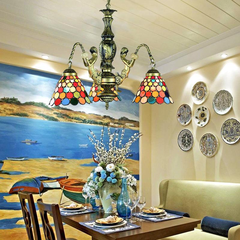 Antique Bronze Bell Chandelier Lamp Tiffany 3 Lights Stained Glass - Rebooters