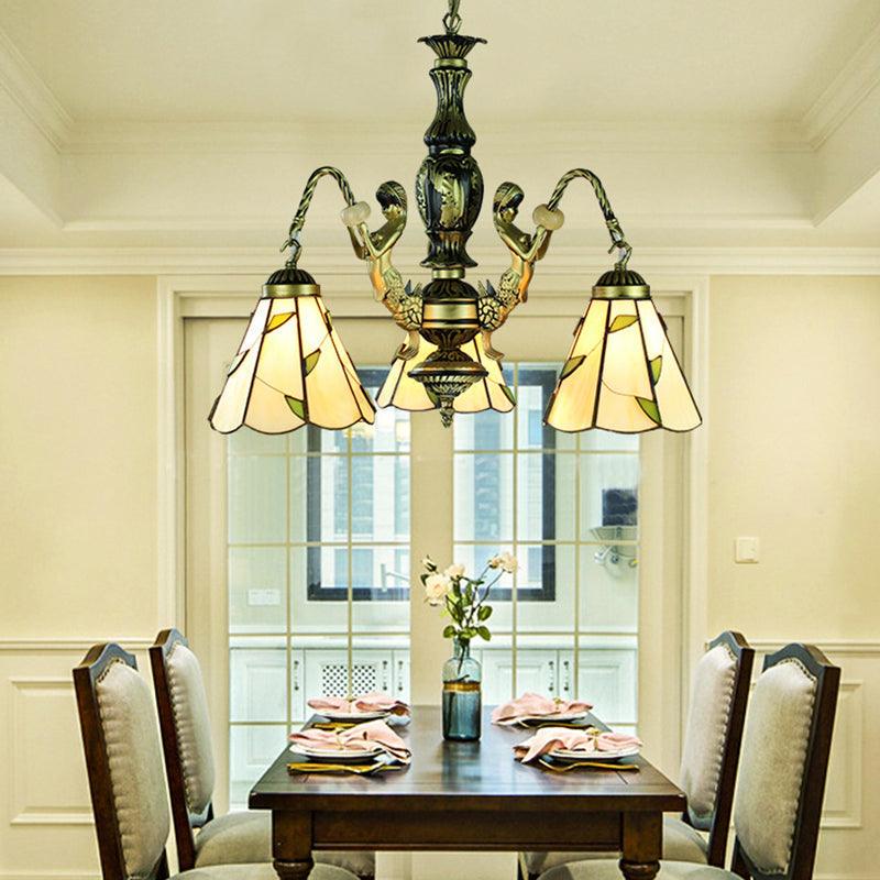Beige 3 Lights Chandelier Light Fixture Tiffany Cut Glass Mermaid Pendant Lamp - Rebooters