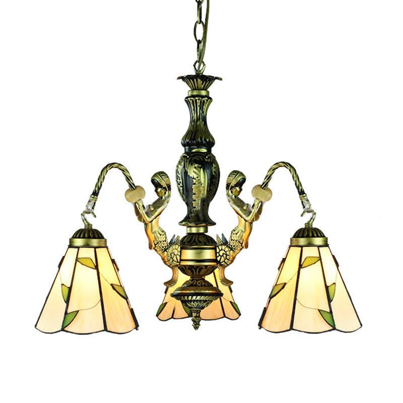 Beige 3 Lights Chandelier Light Fixture Tiffany Cut Glass Mermaid Pendant Lamp - Rebooters