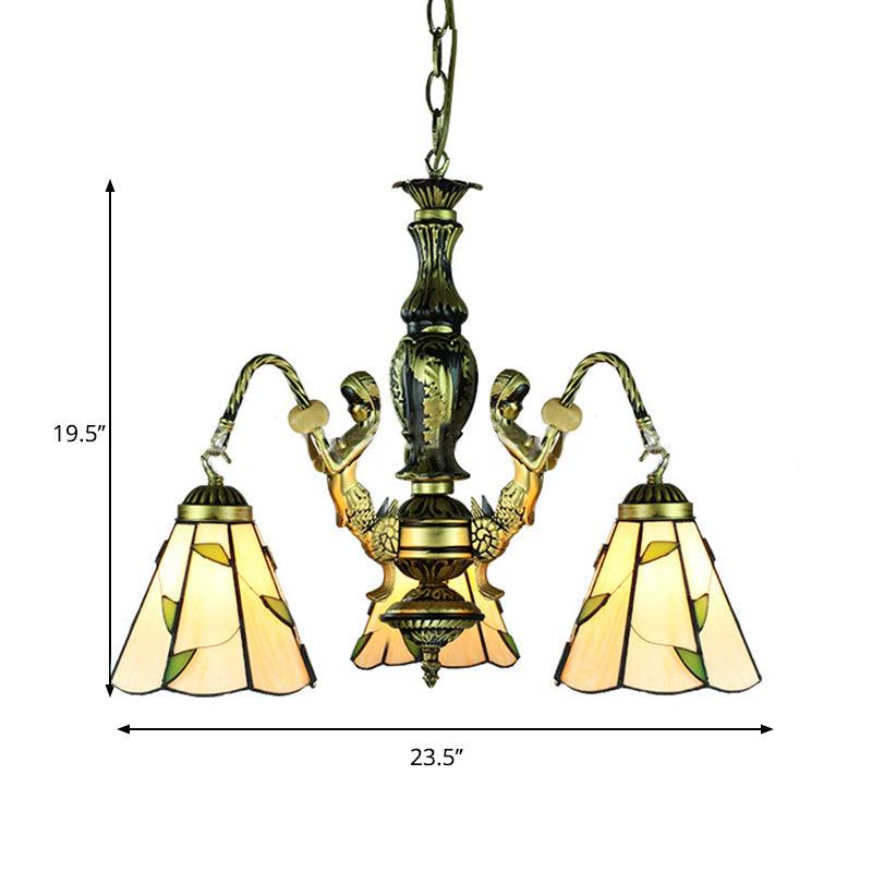 Beige 3 Lights Chandelier Light Fixture Tiffany Cut Glass Mermaid Pendant Lamp - Rebooters