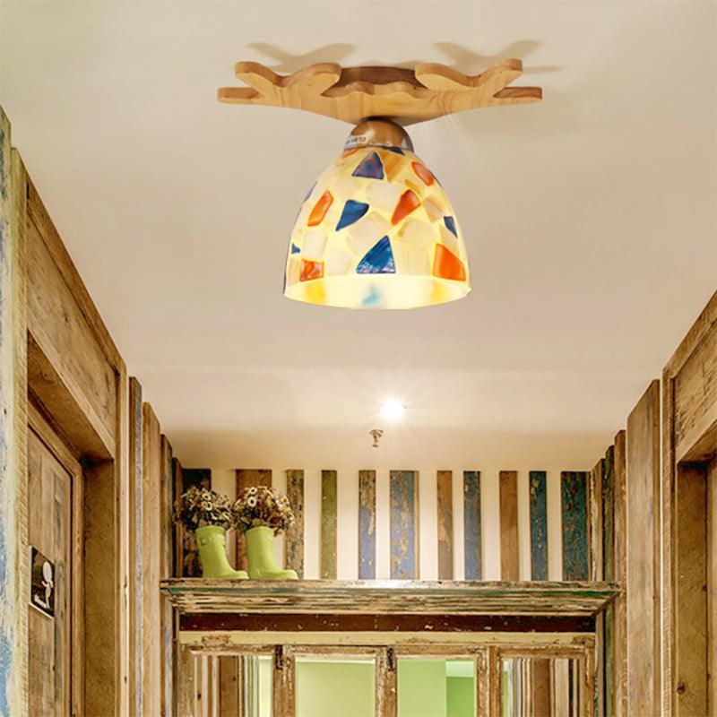 Antique Domed Ceiling Mount Light with Deer Horn in Beige - Rebooters