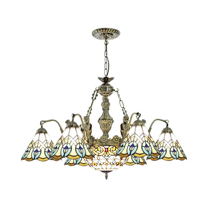9 Lights Peacock Pendant Lighting Tiffany Style White Stained Glass Chandelier Lamp - Rebooters