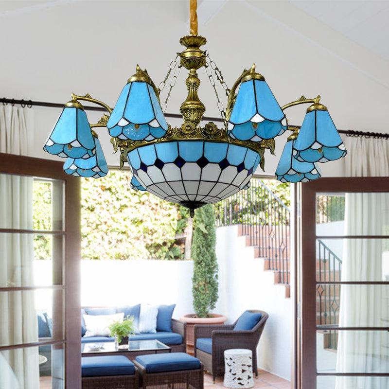 9/7 Lights Cone Hanging Light Antique Tiffany Chandelier Blue - Rebooters
