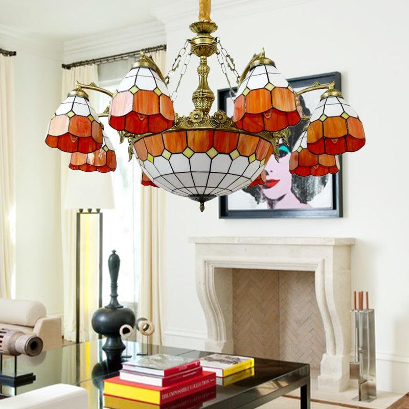 9/13 Lights Grid Dome Hotel Hanging Light Art Glass Tiffany Vintage Chandelier in Orange - Rebooters