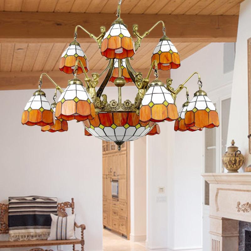 9/13 Lights Grid Dome Hotel Hanging Light Art Glass Tiffany Vintage Chandelier in Orange - Rebooters