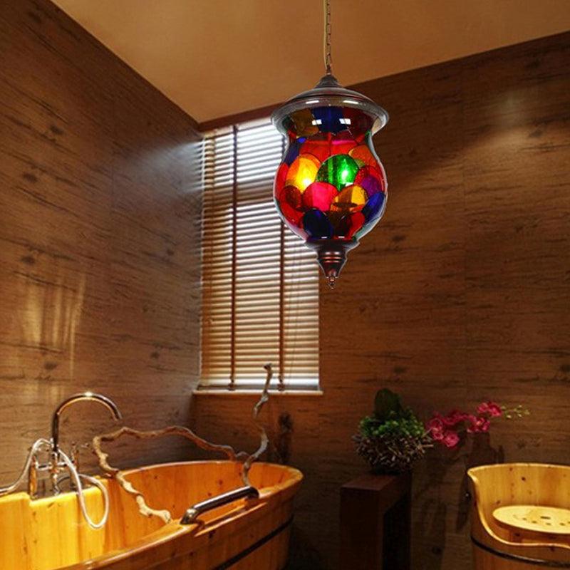 3 Bulbs Red Glass Chandelier Vintage Copper Urn Shape Pendant - Rebooters