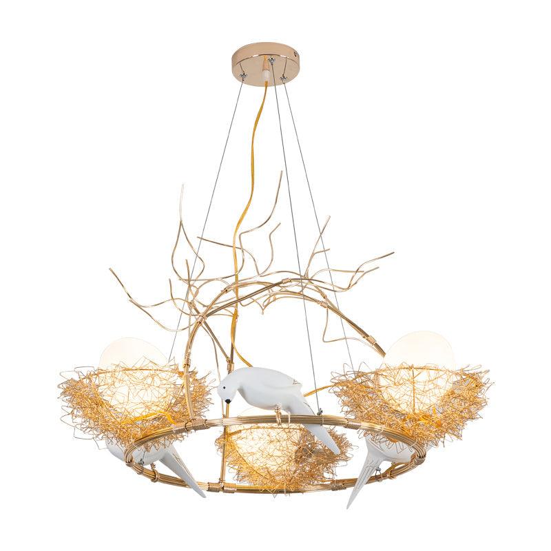 3 Lights Circle Nest Chandelier Lovely Metal Pendant Light in Gold - Rebooters