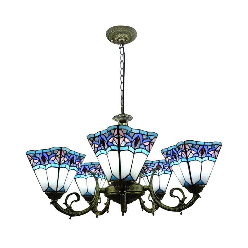 5 Lights Pyramid Chandelier Lighting Tiffany Mission Stained Glass Pendant Light with Curved Arm - Rebooters