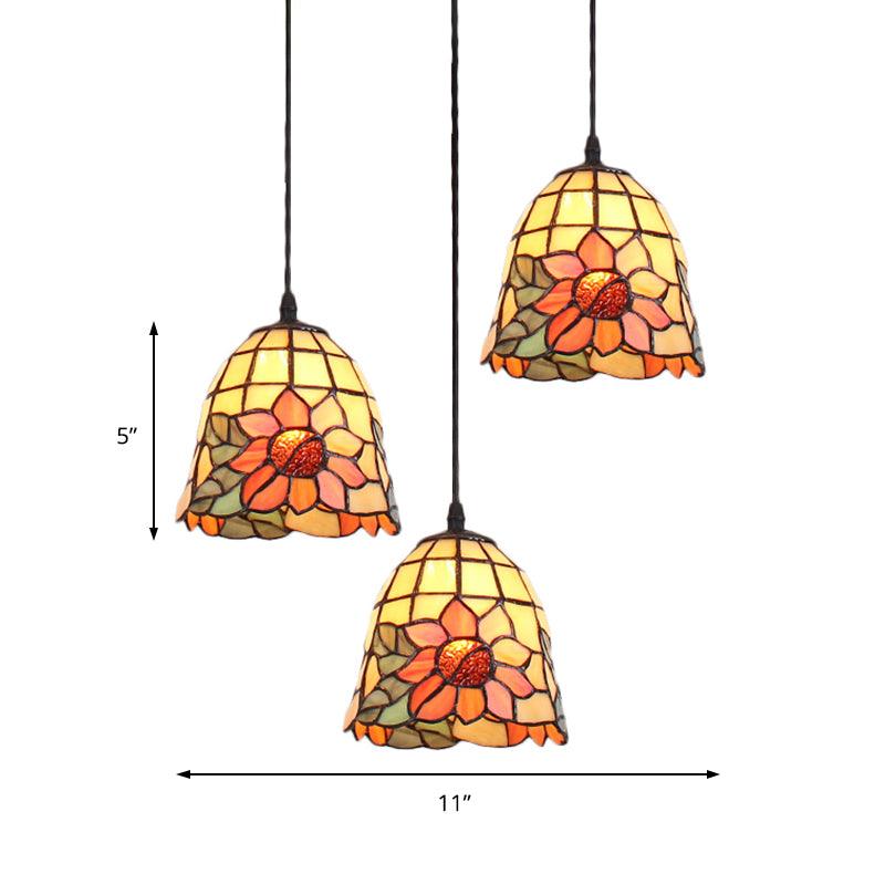 3 Heads Cluster Pendant Light Tiffany Bell Orange Art Glass - Rebooters