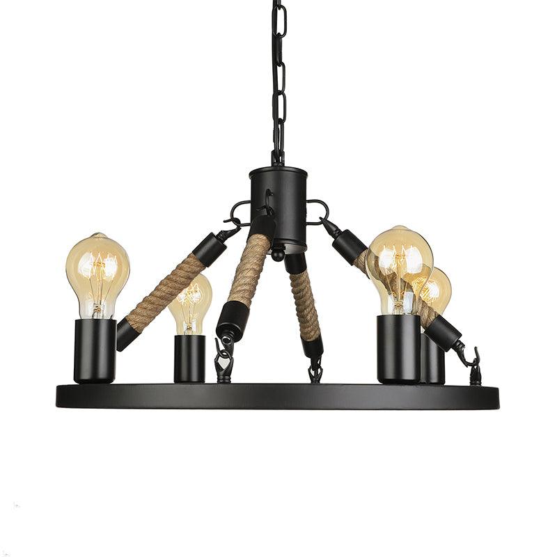 4 Heads Wrought Iron Chandelier Light Industrial Black Ring - Rebooters