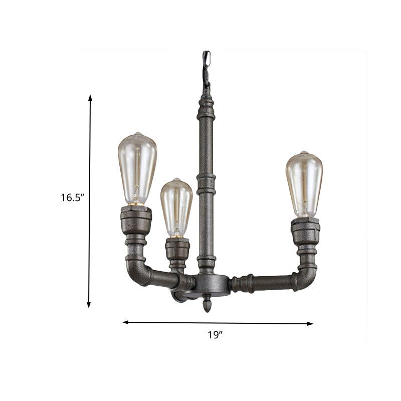 3/6 Heads Hanging Chandelier Lamp Vintage Bare Bulb Metal Pendant Light with Water Pipe in Black - Rebooters