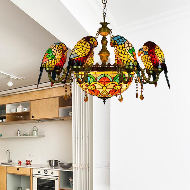 9 Lights Parrot Armed Suspension Light Rustic Stained Glass Chandelier Light in Yellow - Rebooters