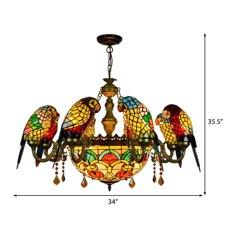 9 Lights Parrot Armed Suspension Light Rustic Stained Glass Chandelier Light in Yellow - Rebooters