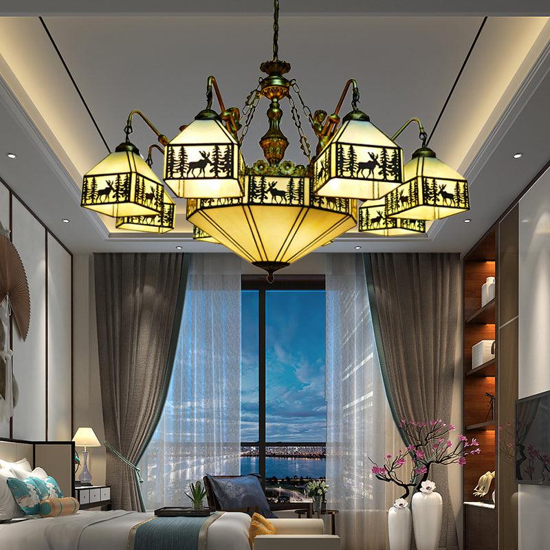 9-Light Small House Inverted Chandelier Country Stained Glass - Rebooters