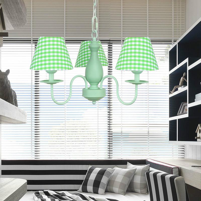 Green Plaid Shade Chandelier Three Bulbs Kids Modern Metal - Rebooters