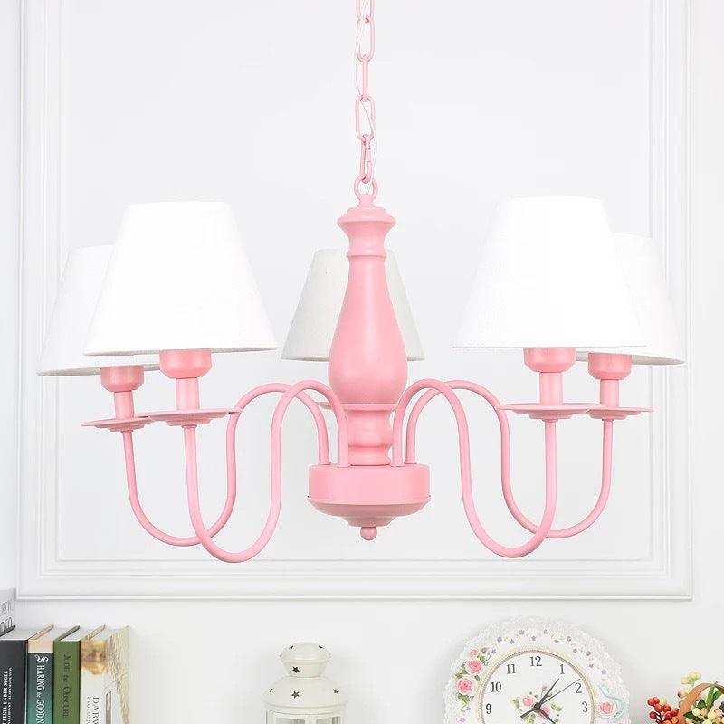 Hotel Restaurant Tapered Shade Chandelier Metal 6 Lights Nordic Style Pink White - Rebooters