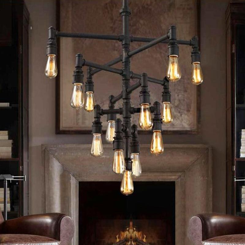9/13 Lights Tiered Pendant Light Fixture with Water Pipe Farmhouse Style Rust Metal Chandelier Lamp - Rebooters