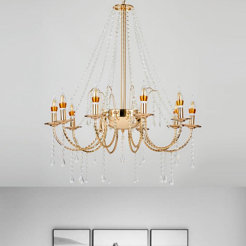 8 Lights Candle Hanging Lamp Retro Clear Crystal Ceiling Chandelier with Gold Stranded Swoop Arm - Rebooters