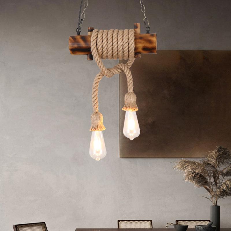 2-Head Exposed Bulb Design Drop Lamp Lodge Brown Hemp Rope Chandelier - Rebooters