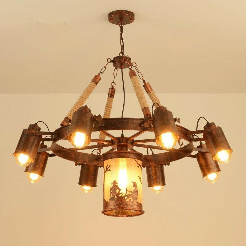 8 Lights Iron Adjustable Chandelier Pendant Industrial Black Rust Wheel Ceiling Spotlight - Rebooters