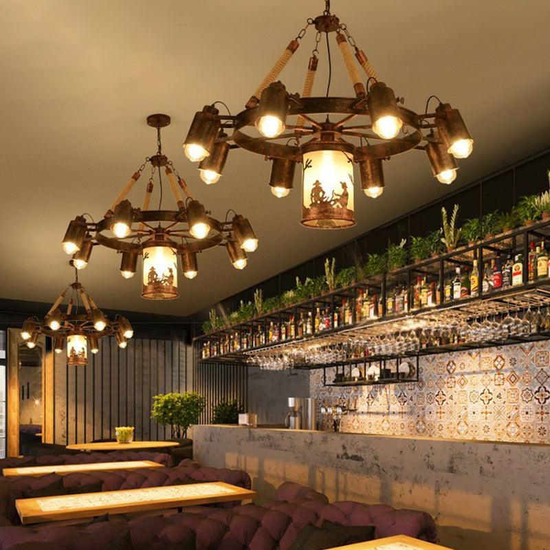 8 Lights Iron Adjustable Chandelier Pendant Industrial Black Rust Wheel Ceiling Spotlight - Rebooters