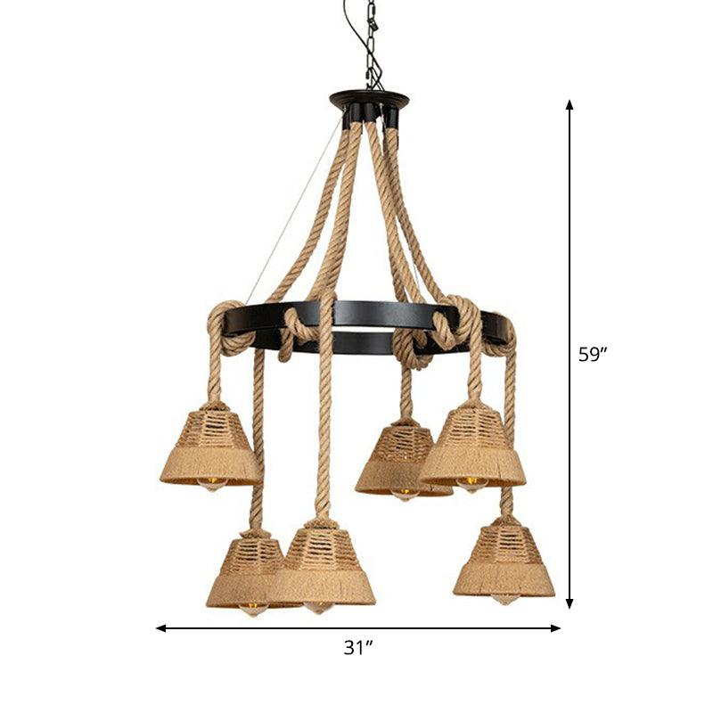 6 Lights Carillon Ceiling Chandelier Cottage Brown Roped Pendant - Rebooters