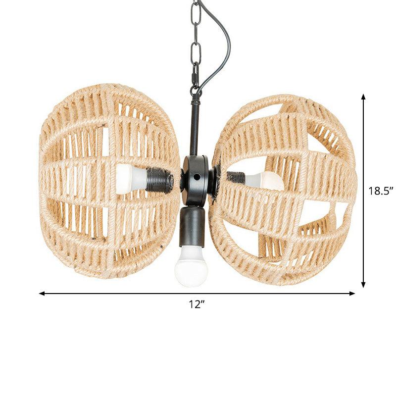 3 Lights Double Melon Suspension Pendant Farmhouse Brown Rope Chandelier Lamp - Rebooters