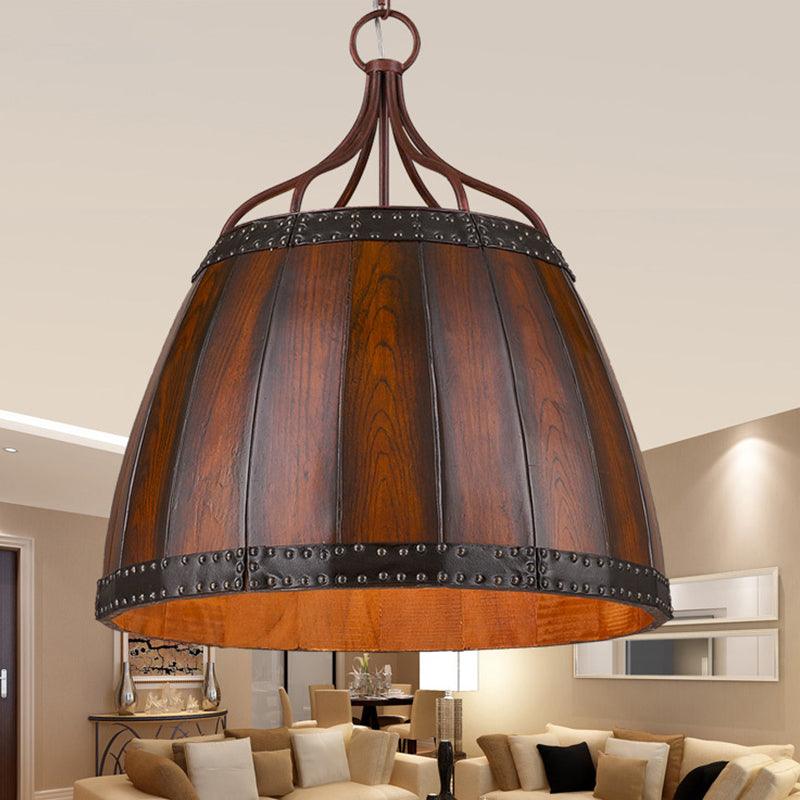 Brown Wine Drum Pendant Light Fixture Rustic Wood Chandelier - Rebooters