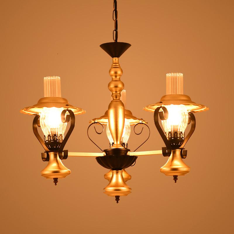 3/5 Lights Lantern Chandelier Lighting Height Adjustable Metal and Glass Vintage Pendant Lamp in Gold - Rebooters
