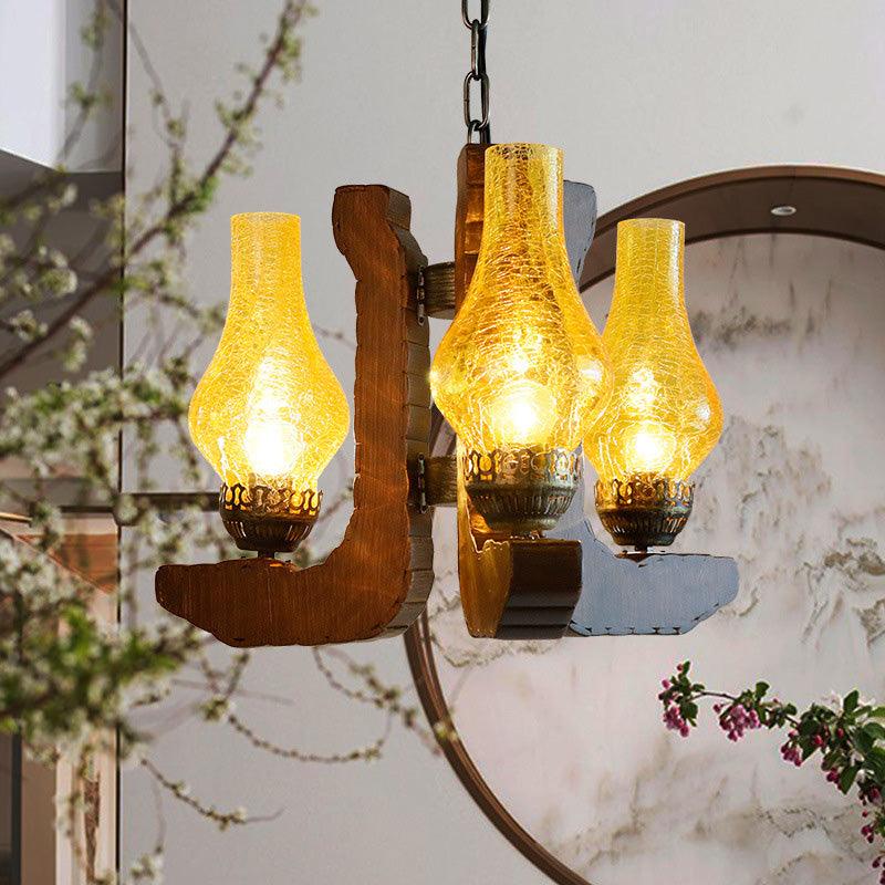 3-Light Crackle Glass Hanging Chandelier Vintage Yellow Vase Living Room Pendant Light Fixture with Wood - Rebooters