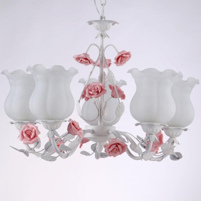 5 Lights Flower Chandelier Light American Garden White Frosted Glass Pendant Ceiling Light - Rebooters