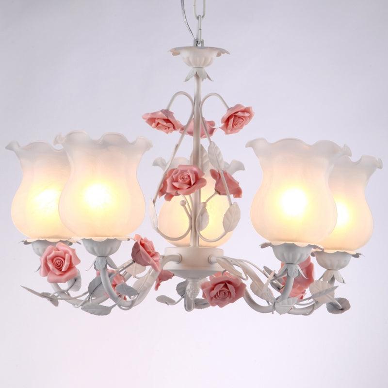 5 Lights Flower Chandelier Light American Garden White Frosted Glass Pendant Ceiling Light - Rebooters