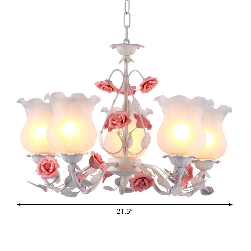 5 Lights Flower Chandelier Light American Garden White Frosted Glass Pendant Ceiling Light - Rebooters