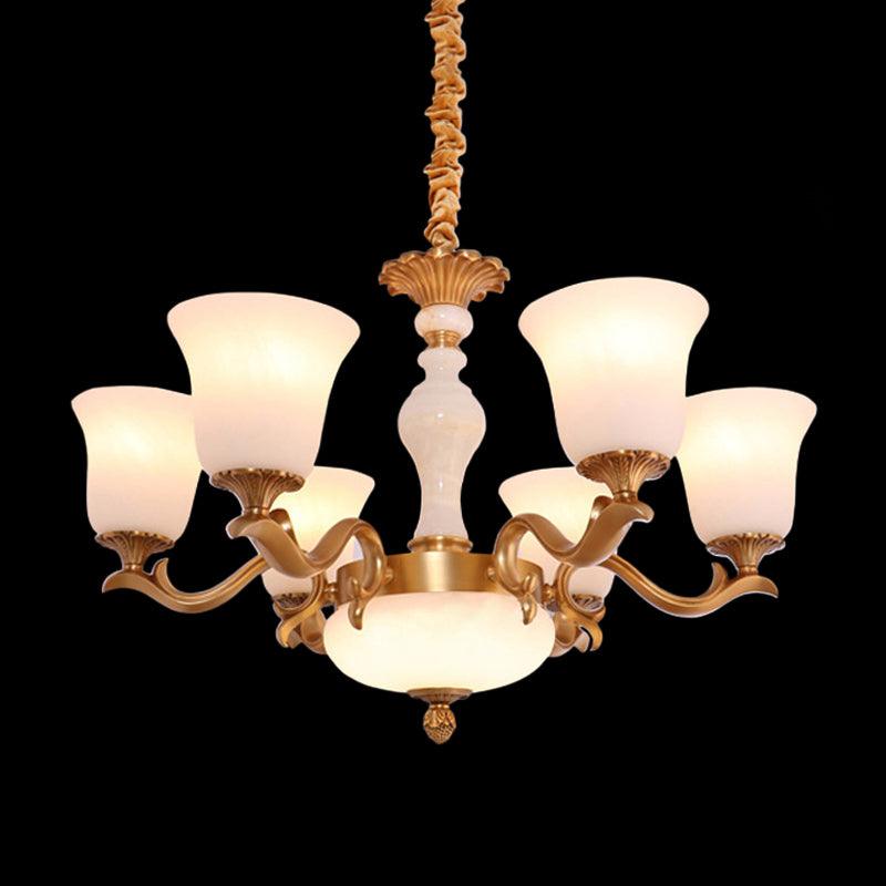 6-Light Bell Up Chandelier Lamp Vintage Brass Cream Glass - Rebooters