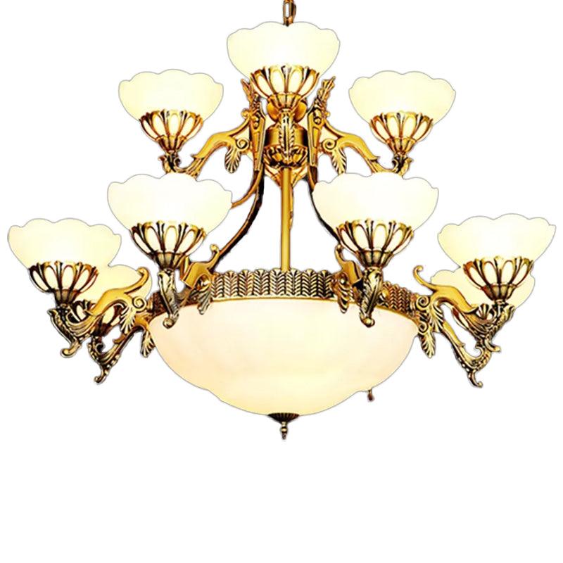 15 Bulbs 2-Tiered Scalloped Chandelier Brass Cream Glass Lamp - Rebooters
