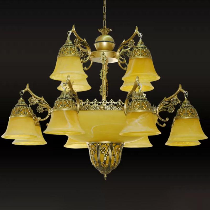 2-Tier Bell Yellow Glass Down Chandelier Farmhouse Pendant - Rebooters