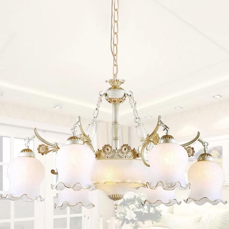 9 Heads Ivory Glass Pendant Lamp Traditional White Bronze Chandelier - Rebooters