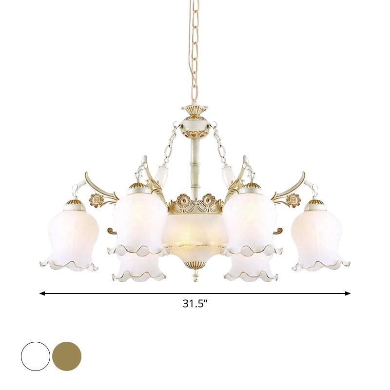 9 Heads Ivory Glass Pendant Lamp Traditional White Bronze Chandelier - Rebooters