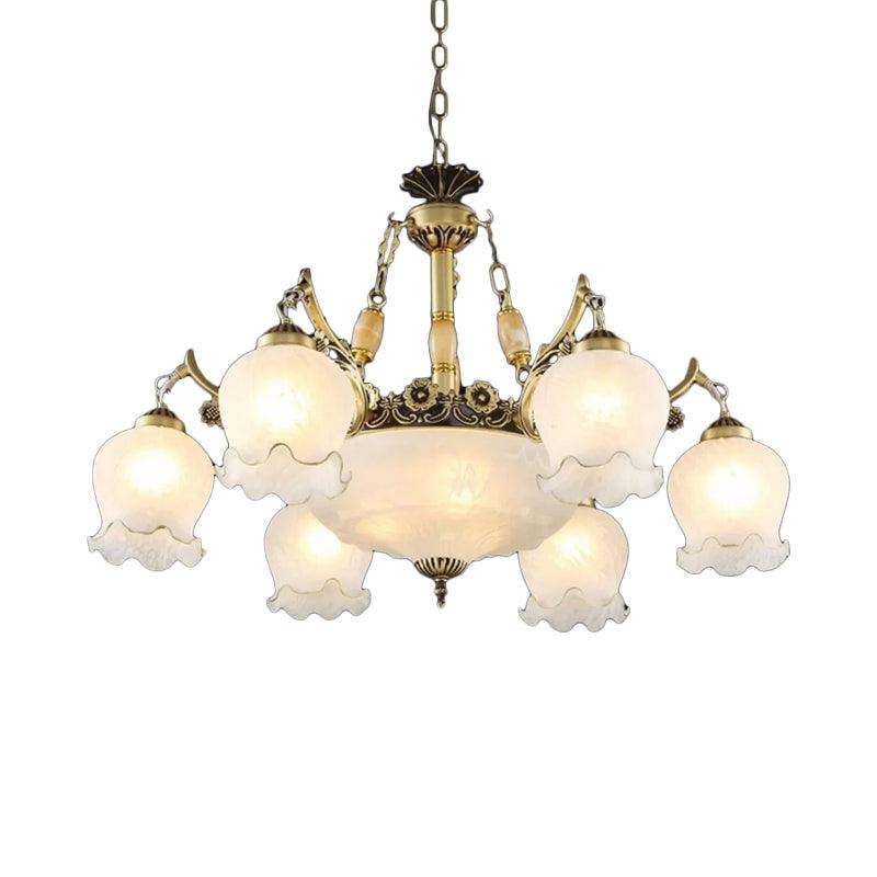 9 Heads Ivory Glass Pendant Lamp Traditional White Bronze Chandelier - Rebooters