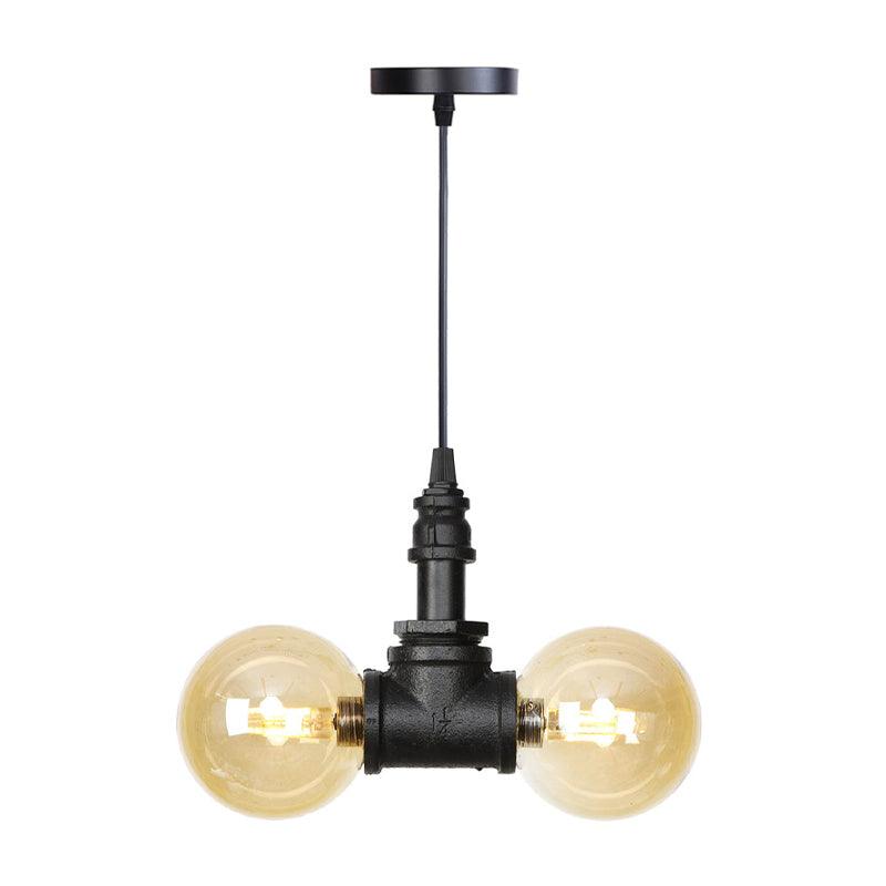 2 Bulbs Chandelier Pendant Lighting Vintage Sphere Amber Clear Glass Hanging Lamp Fixture in Black - Rebooters
