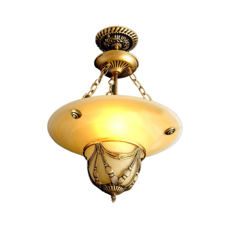 3-Light White Glass Chandelier Traditional Brass Inverted Hat Shaped Living Room Drop Lamp 12 16 19 5 W - Rebooters