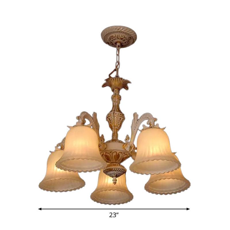 5 Bulbs Ribbed Glass Pendant Light Rustic White Carillon Chandelier - Rebooters